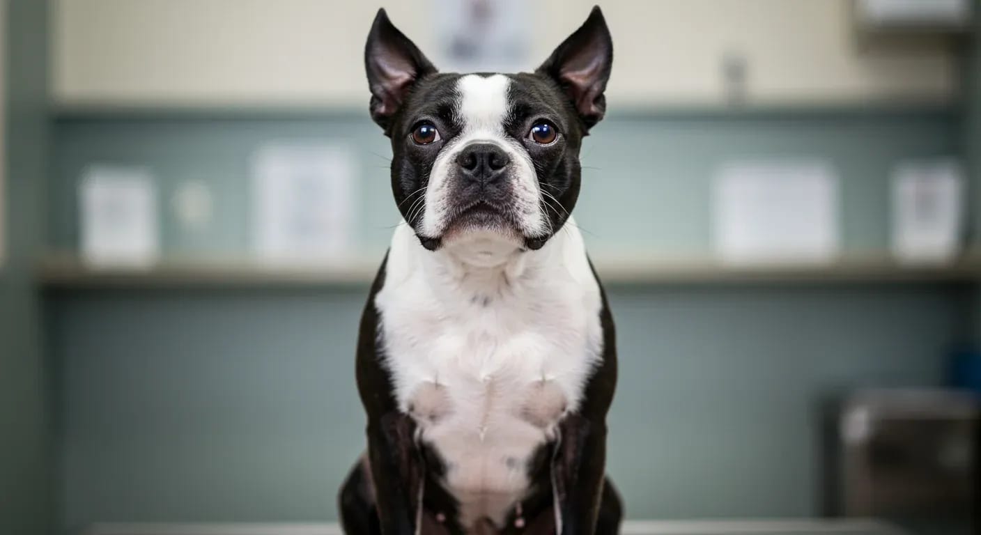 A Boston Terrier with black and white markings sitting in a veterinary clinic setting, representing the importance of proactive health management for this breed