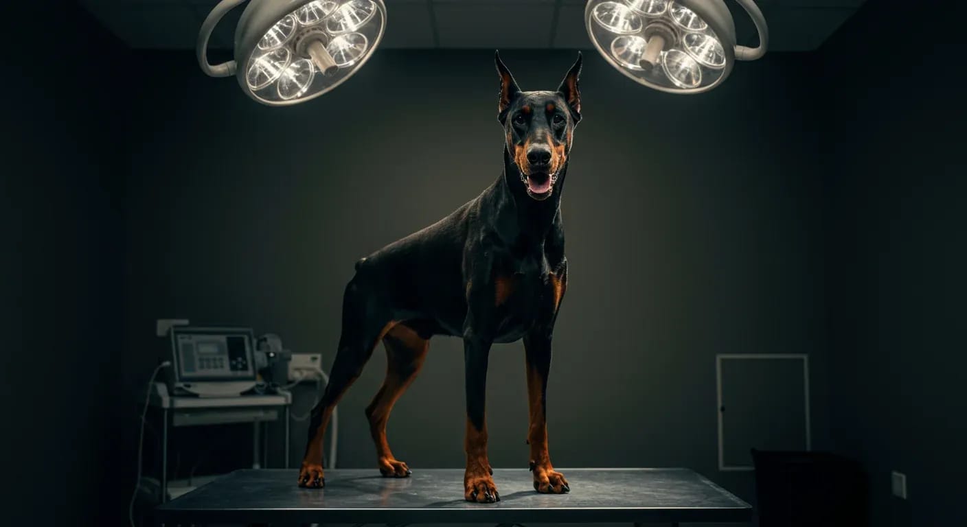 Professional portrait of a healthy Doberman Pinscher on a veterinary examination table, representing the importance of regular health monitoring and preventive care for the breed