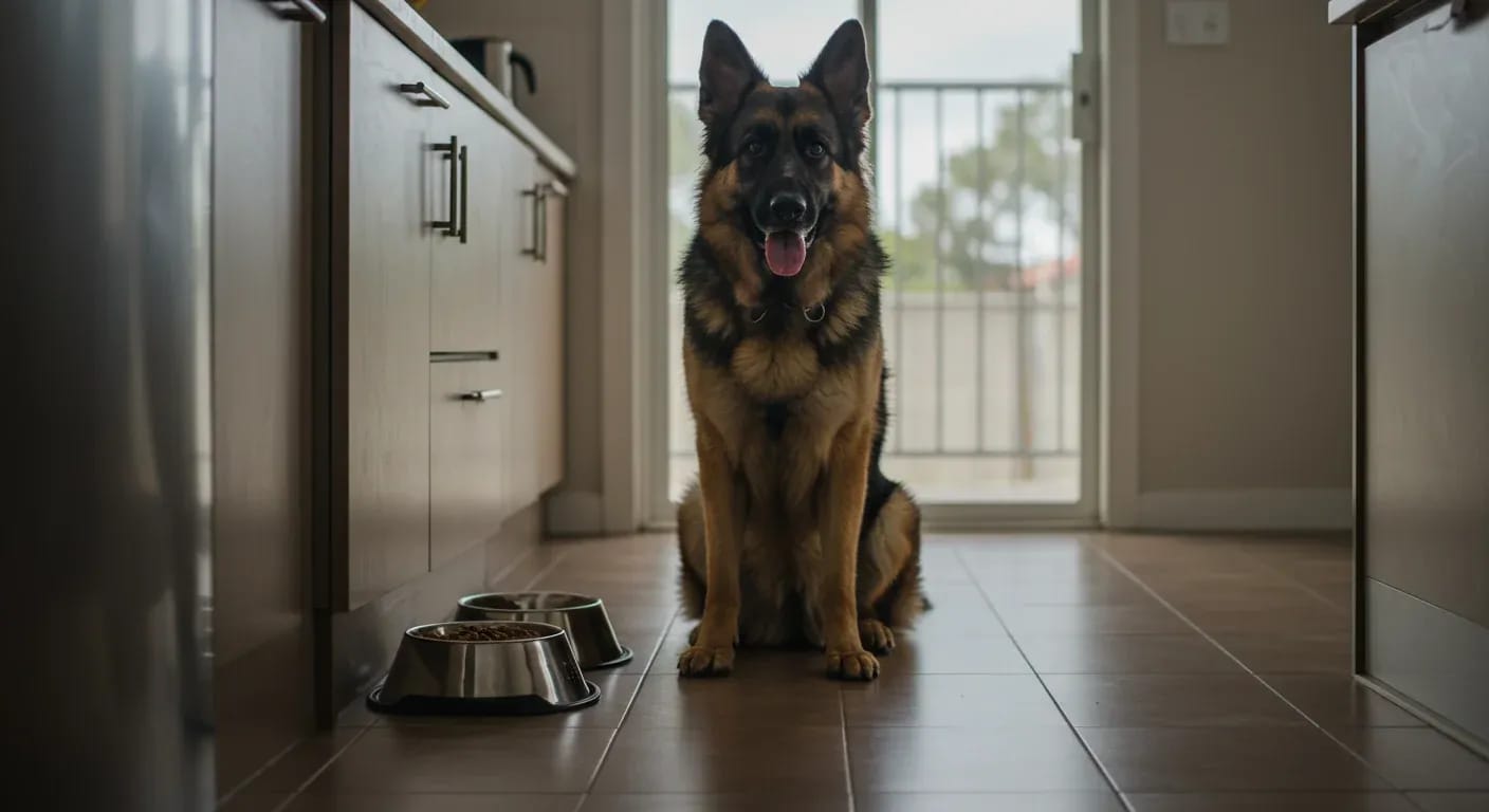 A German Shepherd sitting in a kitchen next to feeding bowls, representing proper feeding practices to prevent bloat