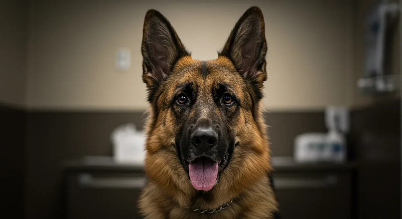 Close-up portrait of a German Shepherd with healthy upright ears, demonstrating the breed's natural ear structure that requires regular care to prevent infections