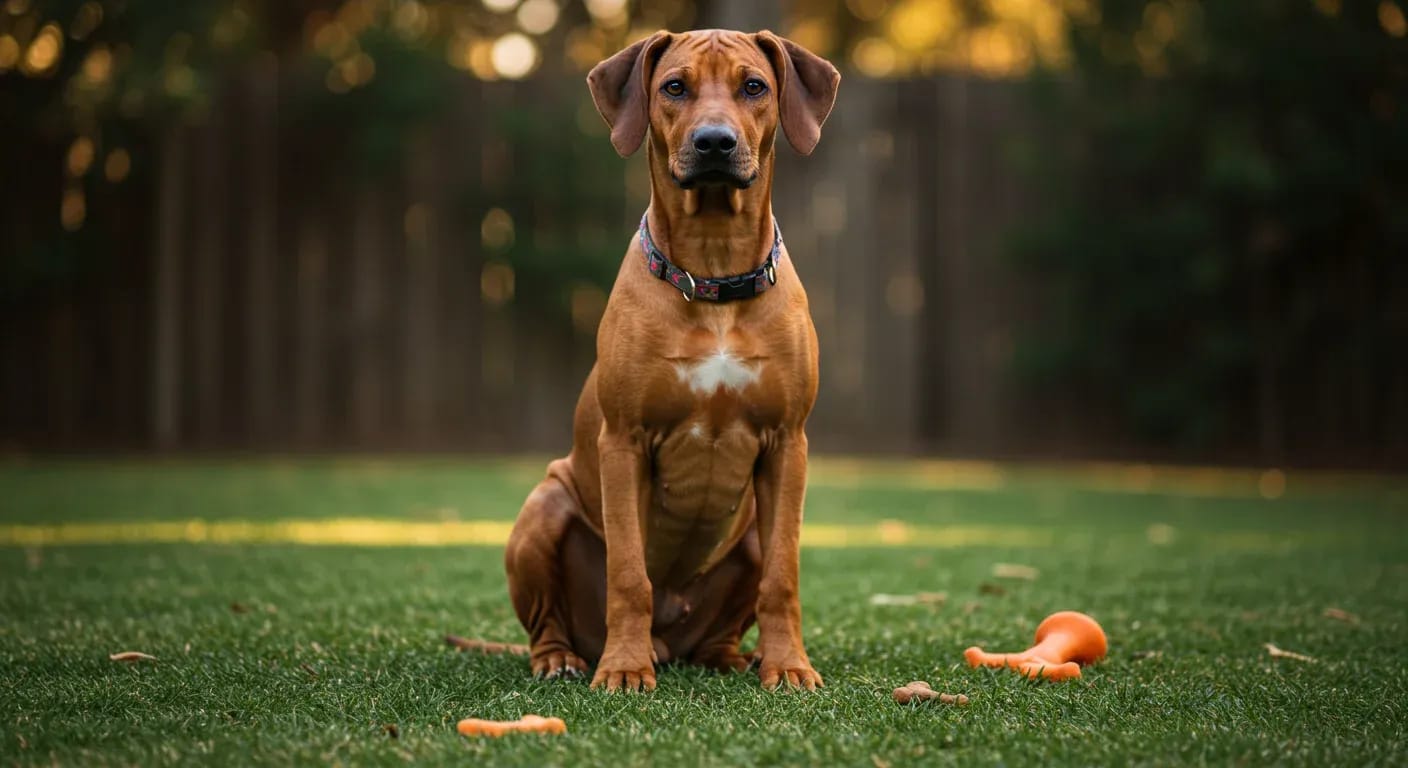 Young Rhodesian Ridgeback puppy sitting attentively during training session, showing the breed's distinctive ridge and alert expression that captures their intelligent yet independent nature