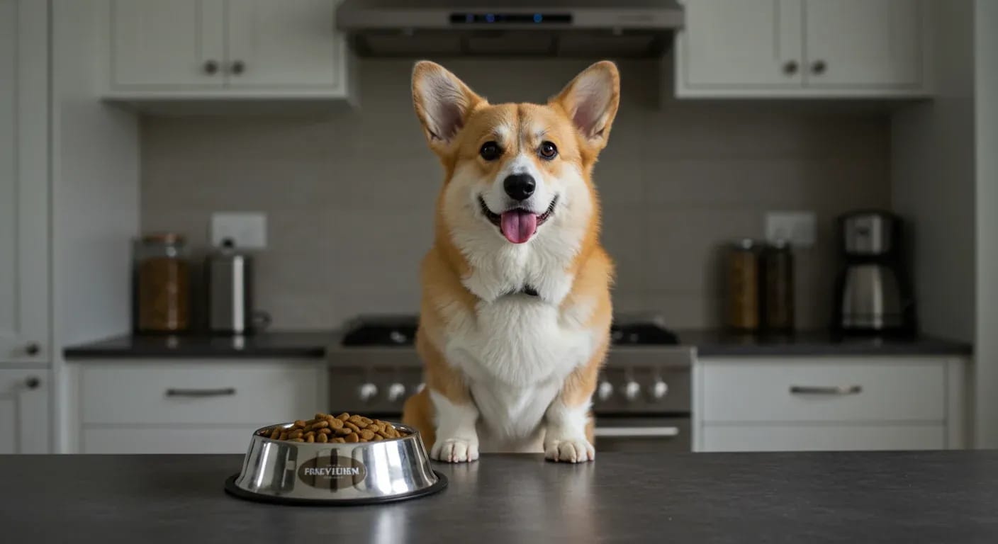 A Pembroke Welsh Corgi sitting at a kitchen counter next to a measured portion of dog food, illustrating proper portion control and feeding practices for the breed