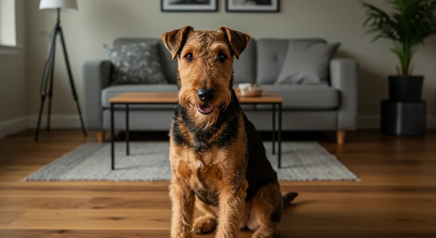 Airedale Terrier sitting in clean living room demonstrating low shedding trait with hair-free furniture
