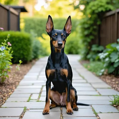 Manchester Terrier: Sleek black and tan terrier on garden pathway
