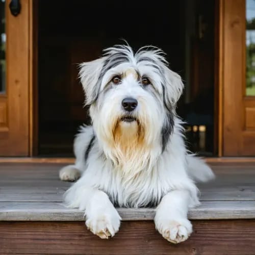 Polish Lowland Sheepdog: Shaggy herding dog with fur-covered eyes on wooden porch