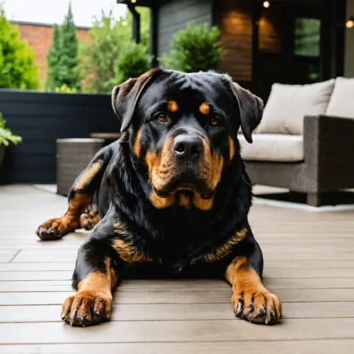 Rottweiler: Muscular black and tan dog with calm expression on patio