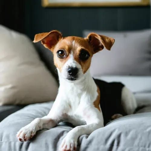 Toy Fox Terrier: Miniature terrier with bright expression on home cushion