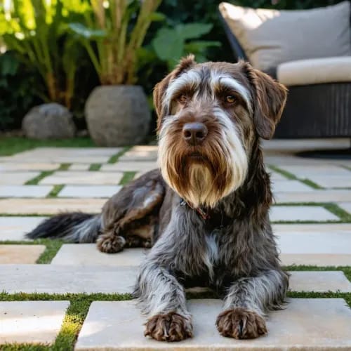 Wirehaired Pointing Griffon: Rough-coated hunting dog with beard on stone patio