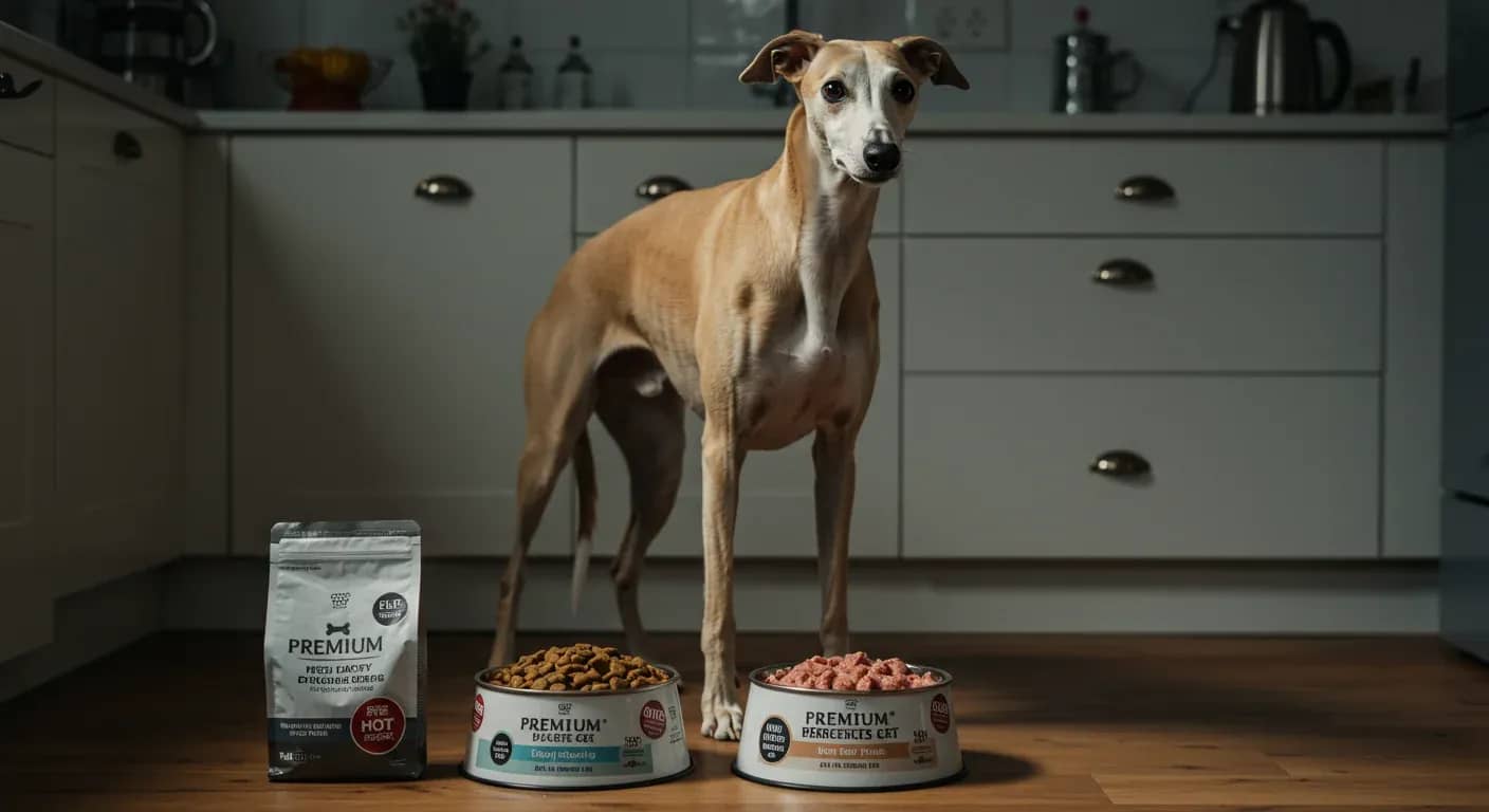 Healthy Whippet standing next to food bowls displaying different types of premium dog food, illustrating proper nutrition for the breed