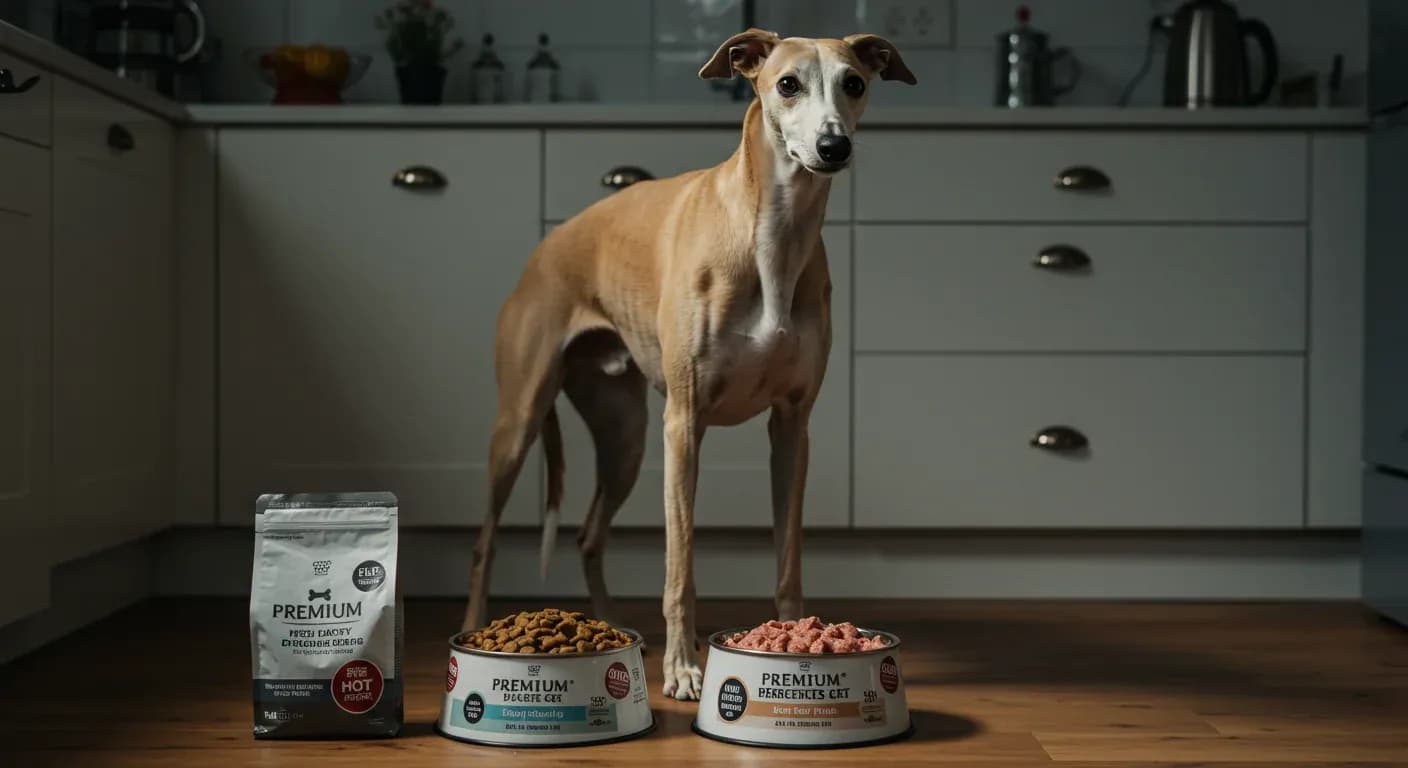 Healthy Whippet standing next to food bowls displaying different types of premium dog food, illustrating proper nutrition for the breed