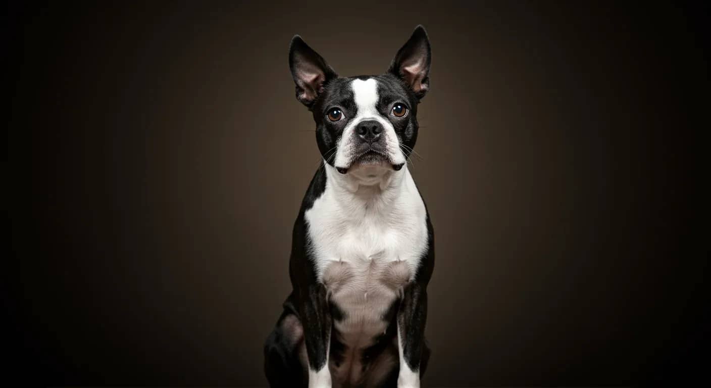 Professional portrait of a Boston Terrier with black and white markings sitting attentively, centered in frame against a neutral background, illustrating the breed discussed in the dietary concerns article