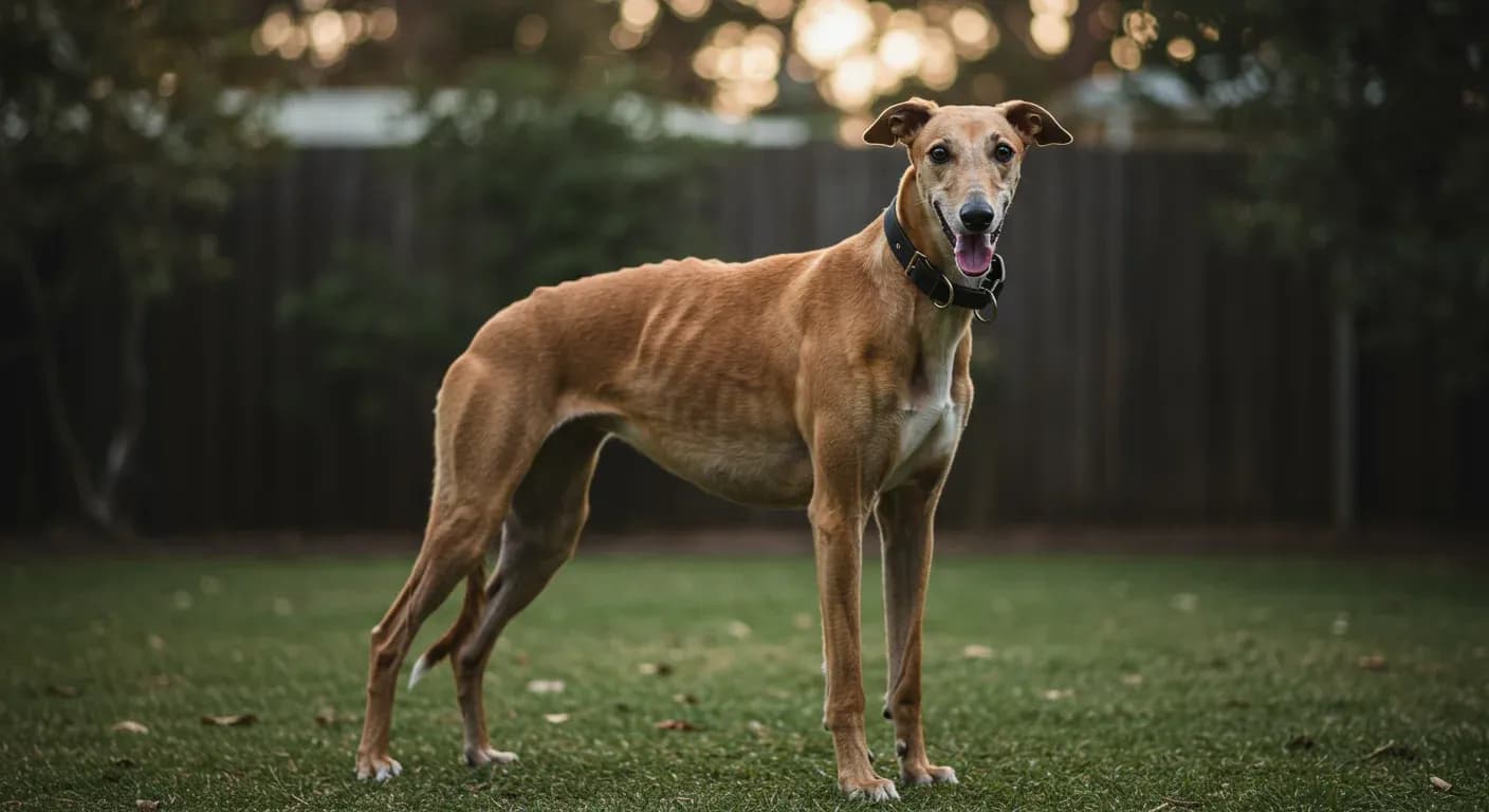 A healthy Greyhound displaying ideal body condition with naturally lean build and slightly visible bone structure, demonstrating proper weight for the breed